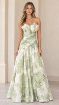 Model wearing strapless sage green floral pleated A-line evening gown front view