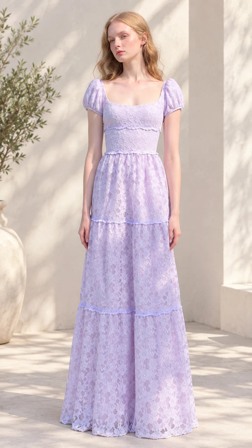 Front view of lavender floral lace tiered puff sleeve maxi dress