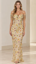 Champagne floral sequin embroidered off-the-shoulder evening gown front view