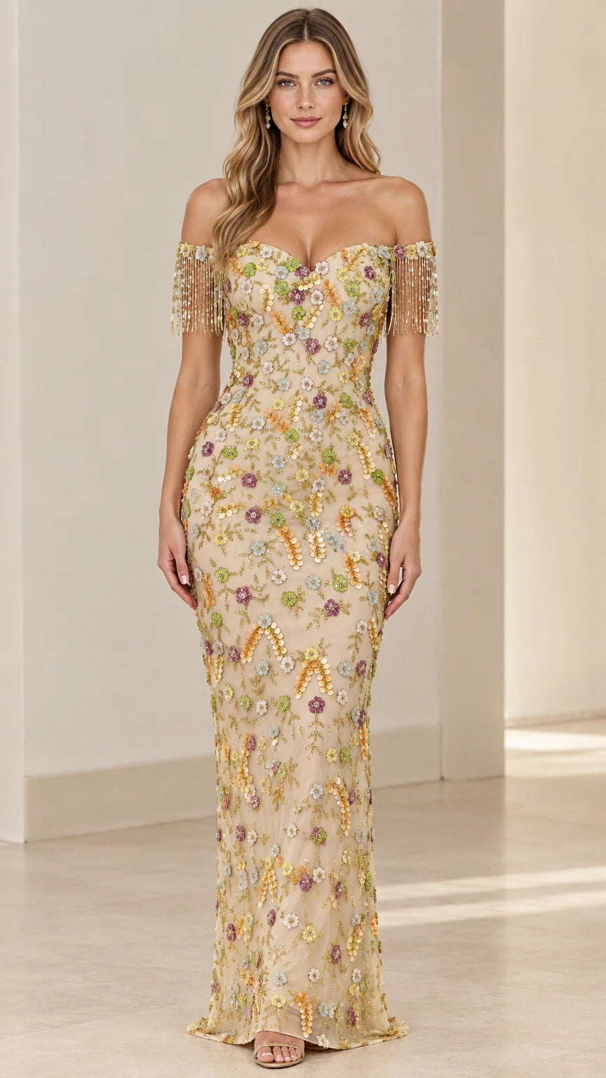 Champagne floral sequin embroidered off-the-shoulder evening gown front view