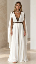 Front full view of white Grecian draped cape sleeve maxi dress with braided belt