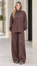 Women's brown quarter-zip sweatshirt and wide-leg pants two-piece set front view
