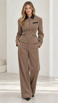 Front full view of woman wearing taupe corduroy two-piece suit set with contrast collar