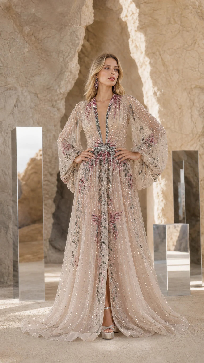 Front view of Champagne embroidered beaded long sleeve evening gown