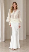 Front full-length view of woman wearing Ivory lace inset open-knit cardigan and matching maxi skirt set