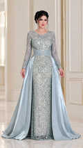 Ice blue long sleeve sequined evening gown with satin overskirt front view