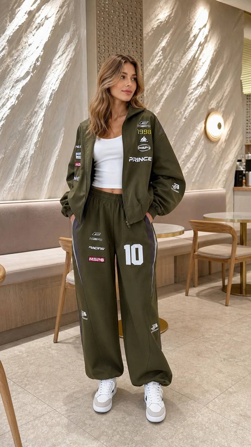 Model wearing olive green racing graphic zip-up jacket and wide-leg track pants set