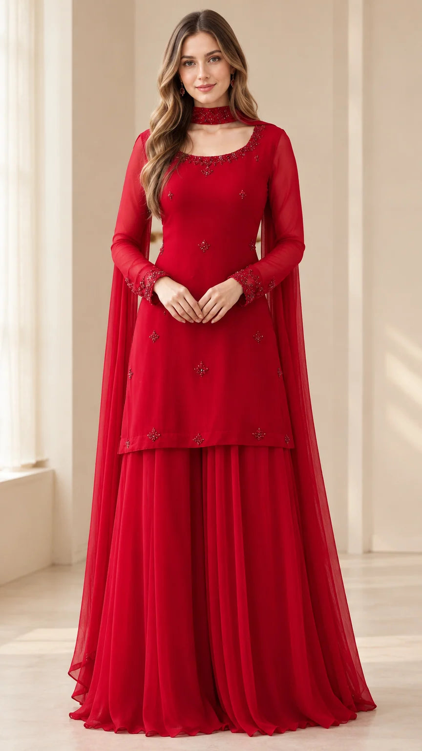 Front full-length view of woman in red embellished sharara suit set