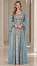 Full front view of elegant dusty blue embroidered kaftan maxi dress with flared sleeves