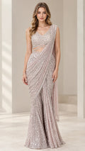 Dusty Mauve sequin pre-draped saree gown front view with beaded crop top