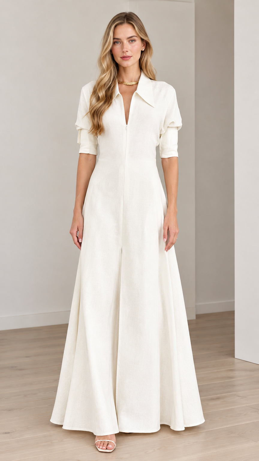 Front view of model wearing an Ivory White collared wide-leg maxi jumpsuit