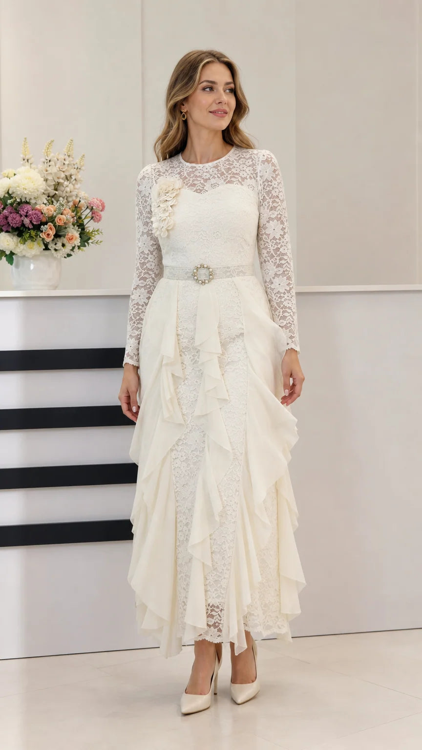 Off White long sleeve lace evening maxi dress with cascading ruffles and belt front view
