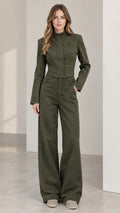 Full front view of women's olive green cropped jacket and wide leg pants set