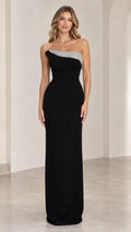 Front view of black strapless column evening gown with rhinestone trim