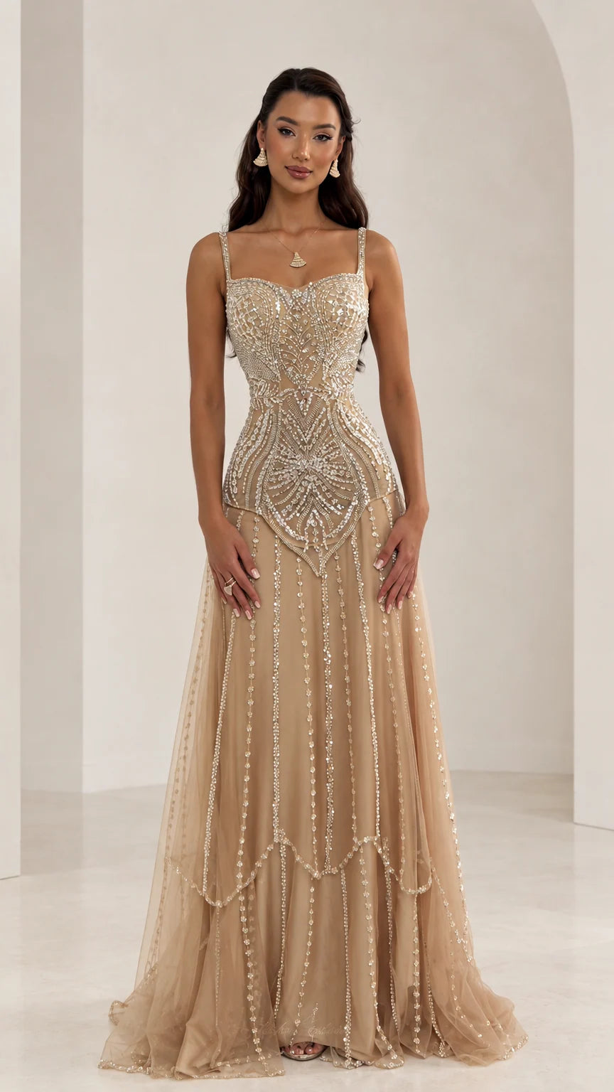 Front view of woman wearing Champagne beaded tulle sweetheart maxi evening gown