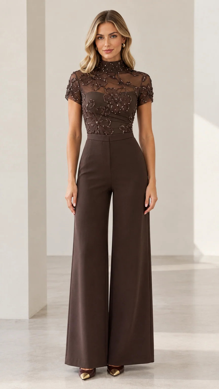 Front view of woman wearing chocolate brown sequin embroidered wide-leg formal jumpsuit