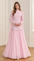 Front full view of pink high-neck long-sleeve embellished drop waist evening gown