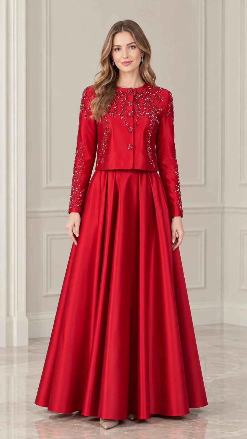 Front view of model wearing red beaded long sleeve jacket and matching maxi evening skirt