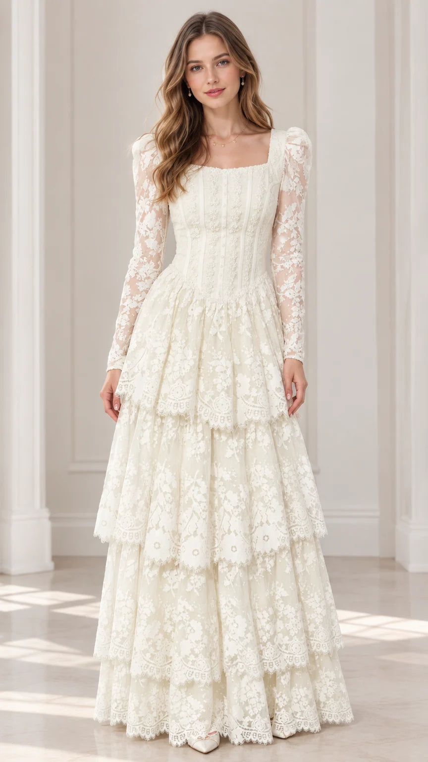 Front view of model wearing ivory long sleeve tiered lace maxi dress