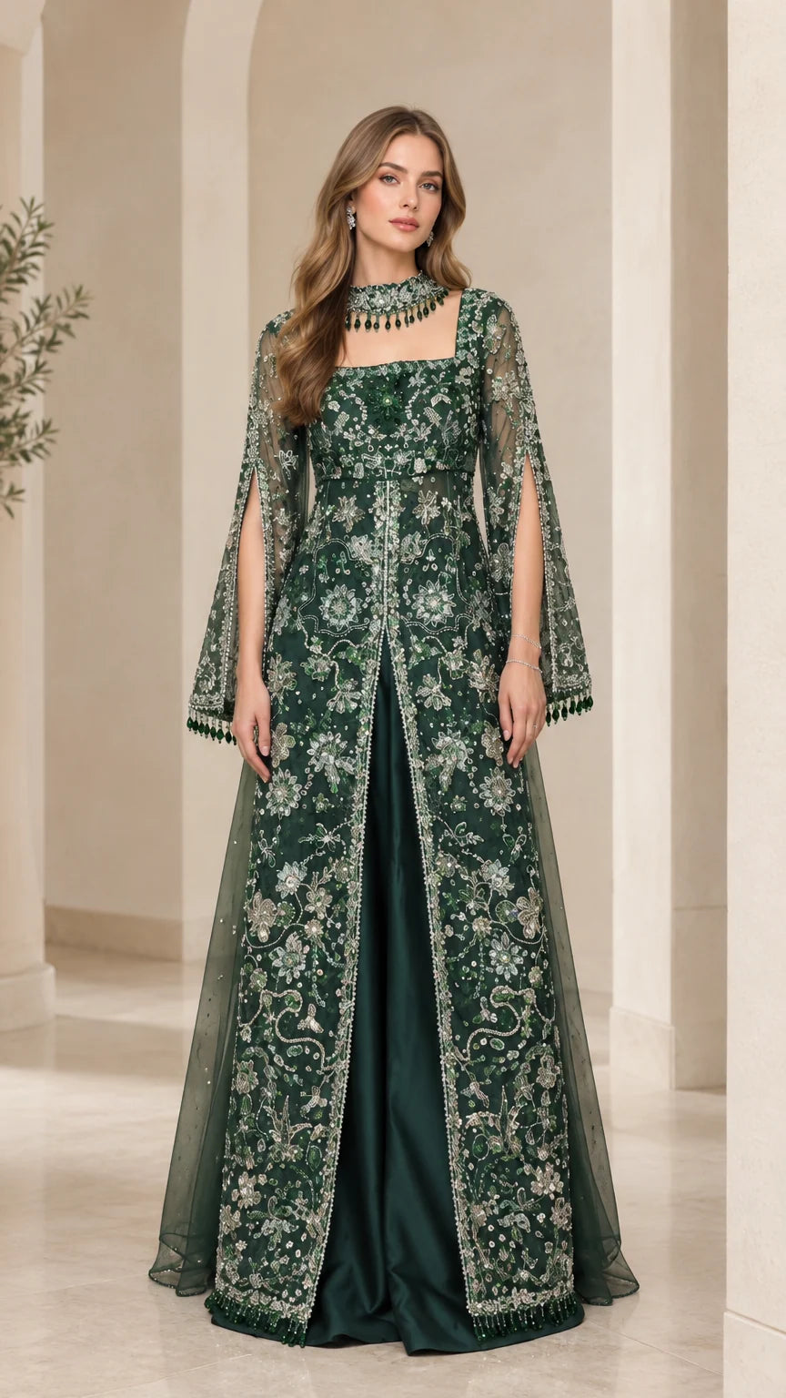 Emerald green embroidered floor-length formal evening gown with slit cape sleeves and beaded collar