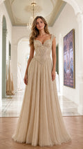 Front view of champagne beaded cap sleeve evening gown