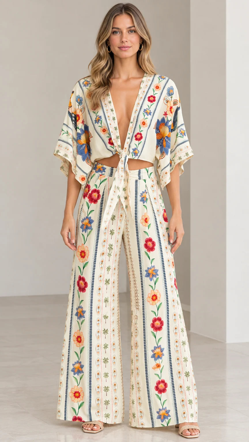 Front view of model wearing cream floral tie-front crop top and wide-leg pants set