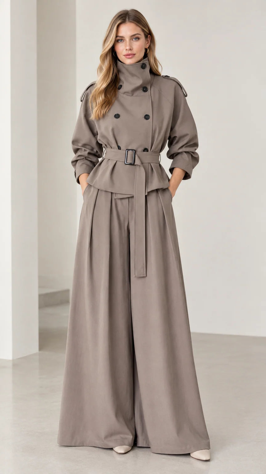 Full front view of women's taupe belted trench jacket and wide-leg trousers set