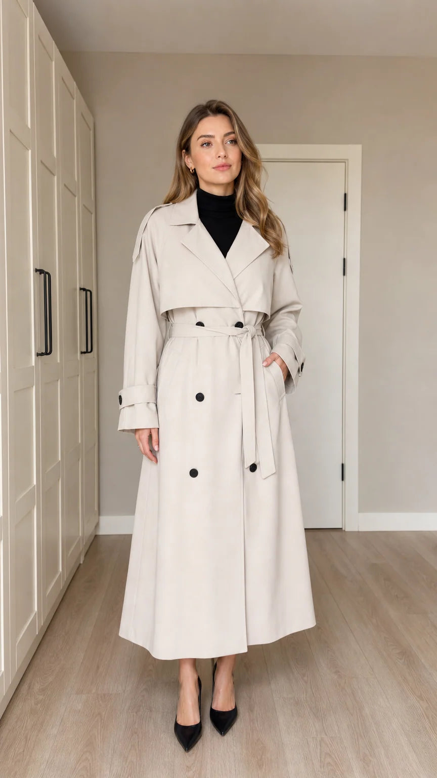 Front full-length view of woman wearing Cream double-breasted maxi trench coat with belt