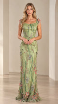 Sage green floral embroidered evening gown with corset bodice and beaded shoulder fringe