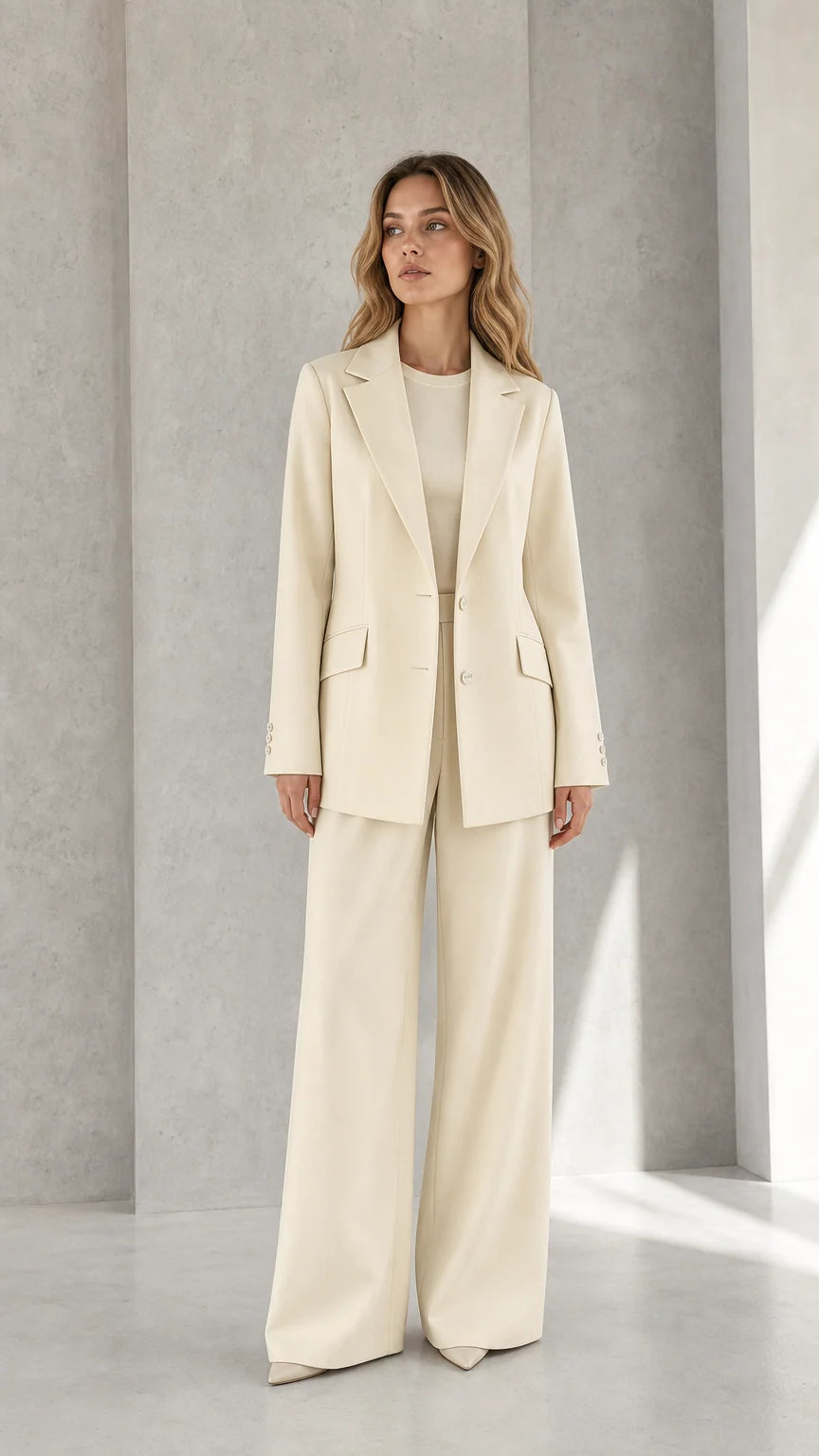 Front view of woman wearing cream tailored blazer and wide-leg trousers suit set