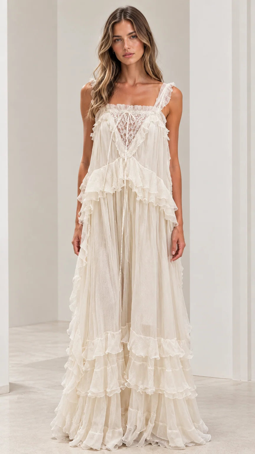 Front view of woman wearing ivory lace-trimmed tiered ruffled maxi dress