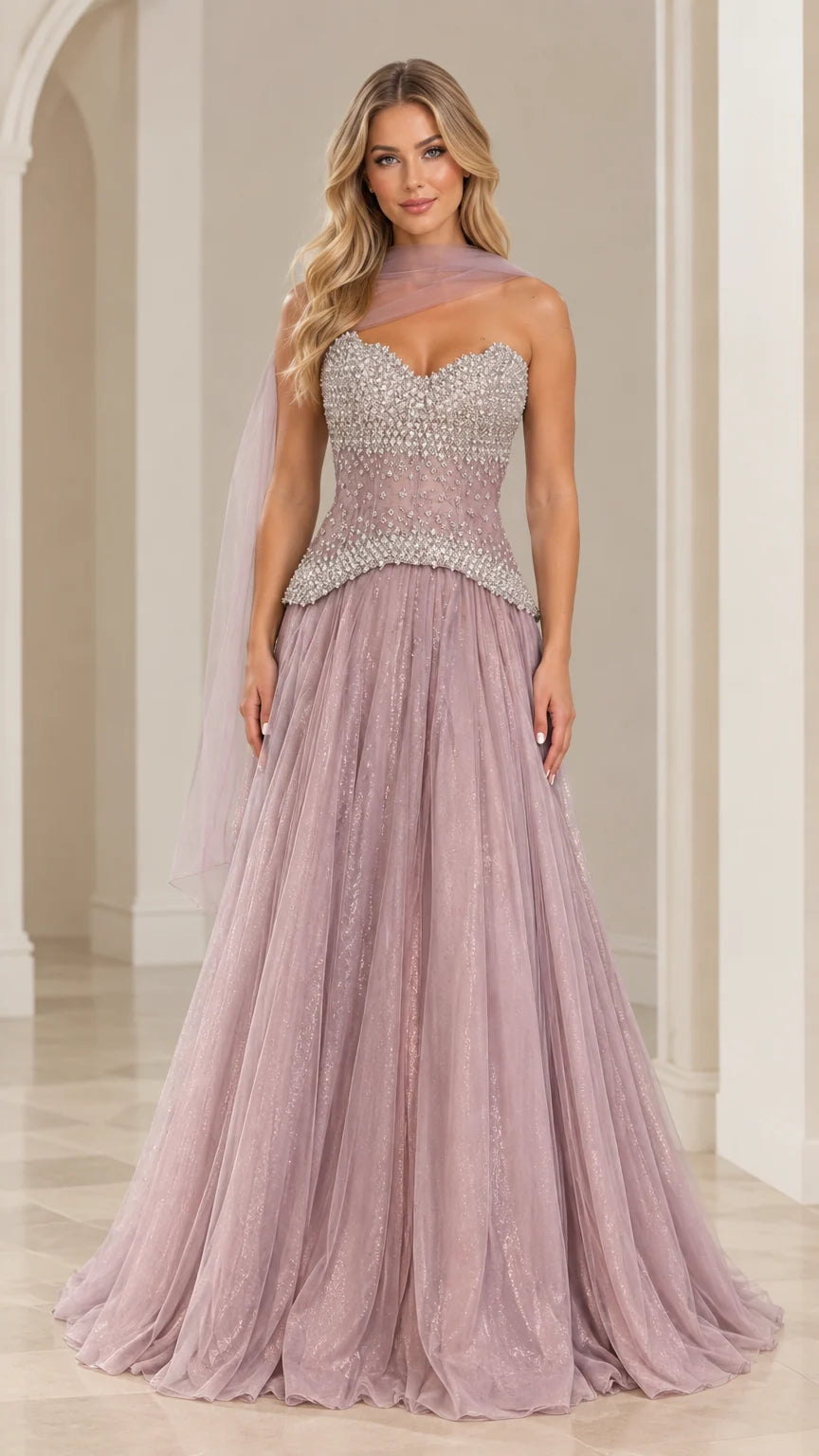 Full front view of strapless dusty mauve evening gown with beaded corset bodice and matching neck scarf