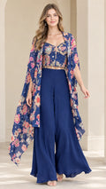 Front full-length view of royal blue 3-piece floral cape top and palazzo pants set