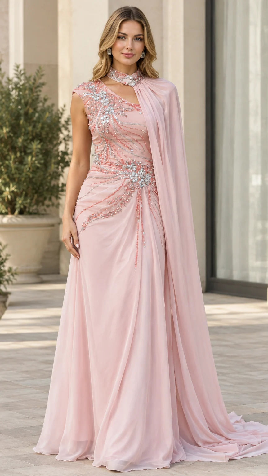 Front view of Blush Pink embellished cutout mock neck cape evening gown