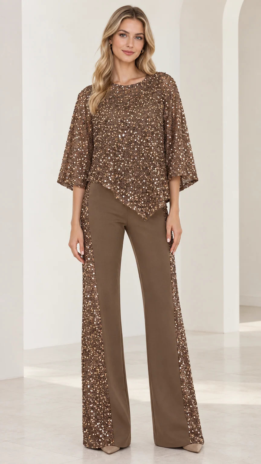 Full front view of women's mocha brown sequin poncho top and matching wide leg pants set