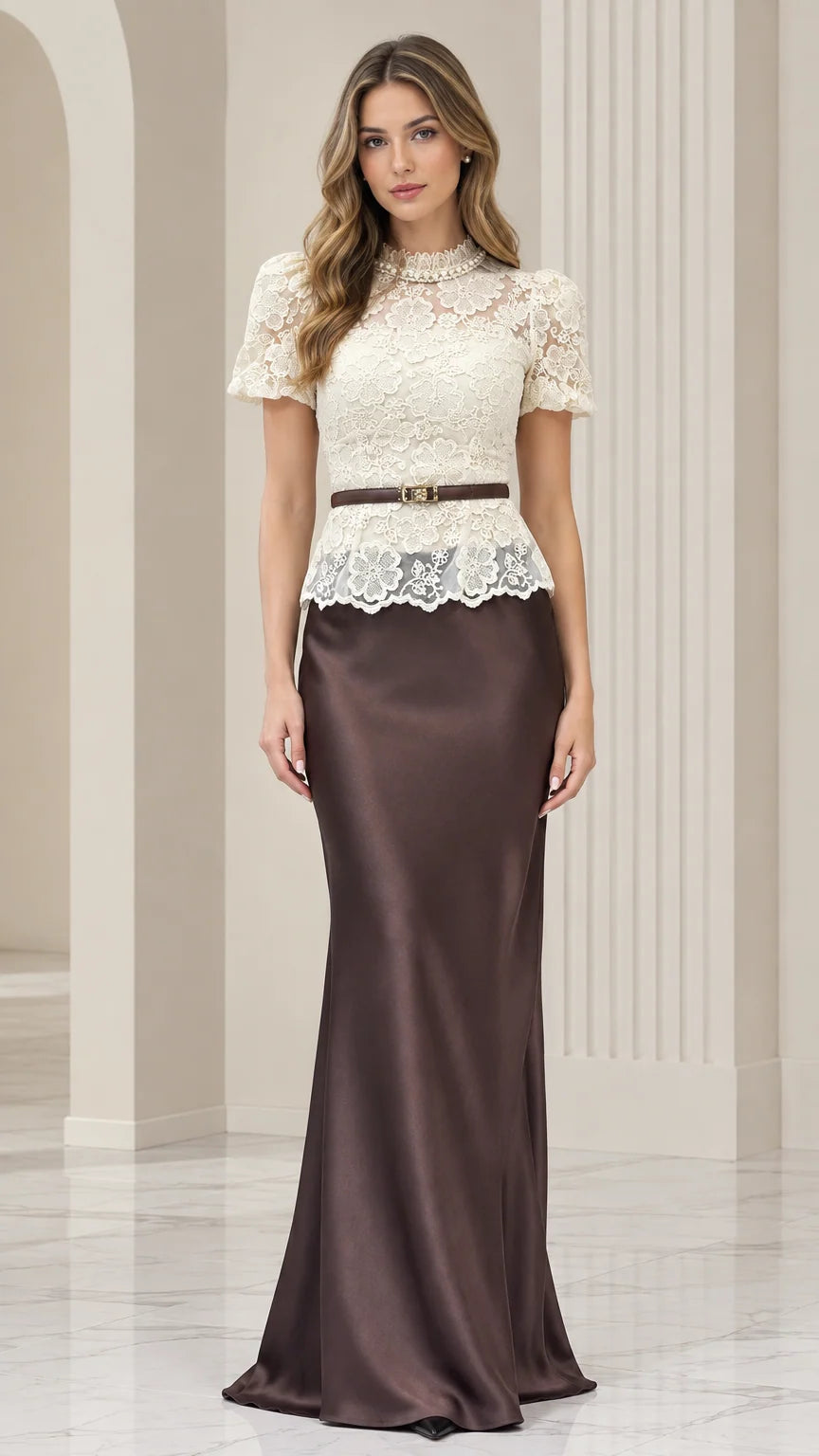Front view of model wearing chocolate brown and cream lace mock neck evening gown with satin maxi skirt