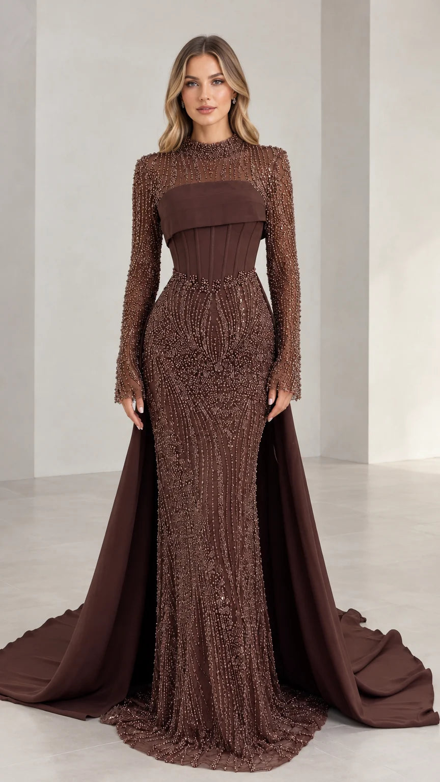 Front view of woman wearing brown beaded high neck evening gown with corset bodice and train