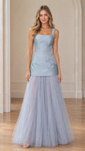 Dusty blue square neck drop waist evening dress with beaded floral detail and full tulle skirt front view