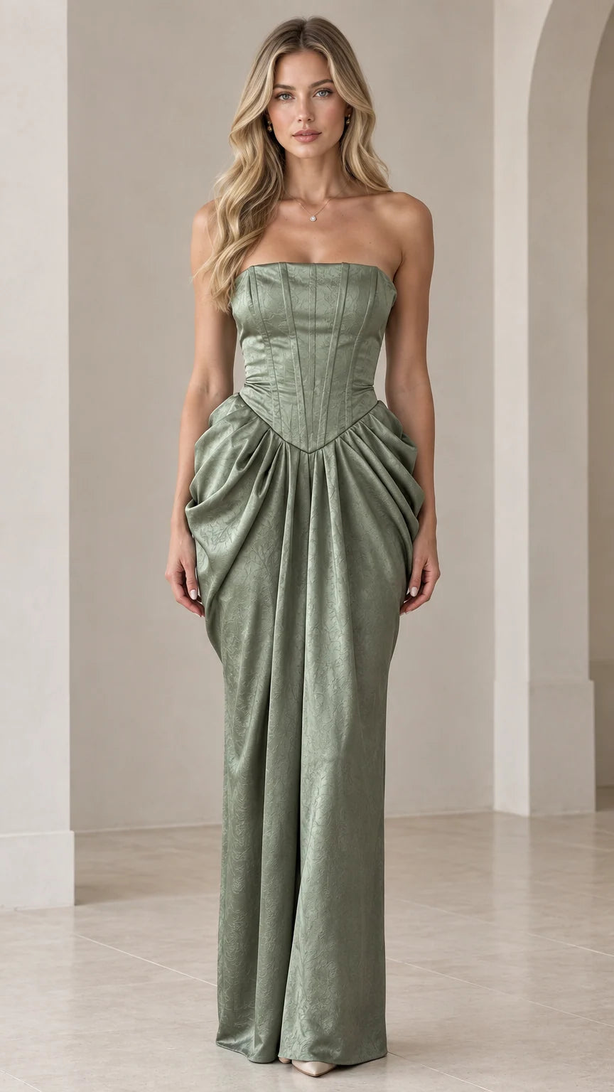 Front full-length view of model wearing Sage Green strapless corset draped maxi gown