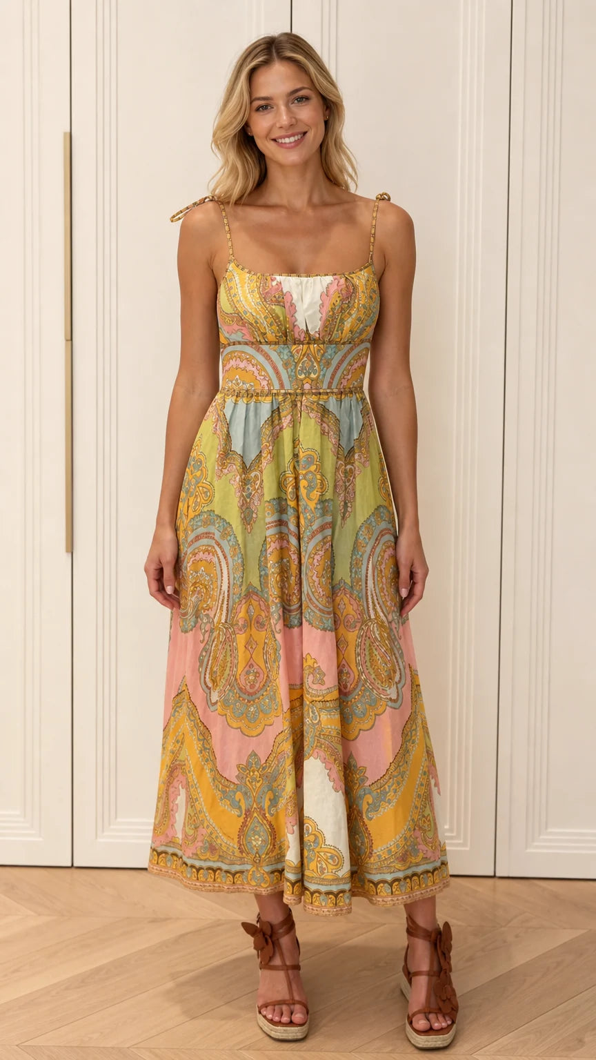 Front view of model wearing multi-color paisley tie-strap midi dress