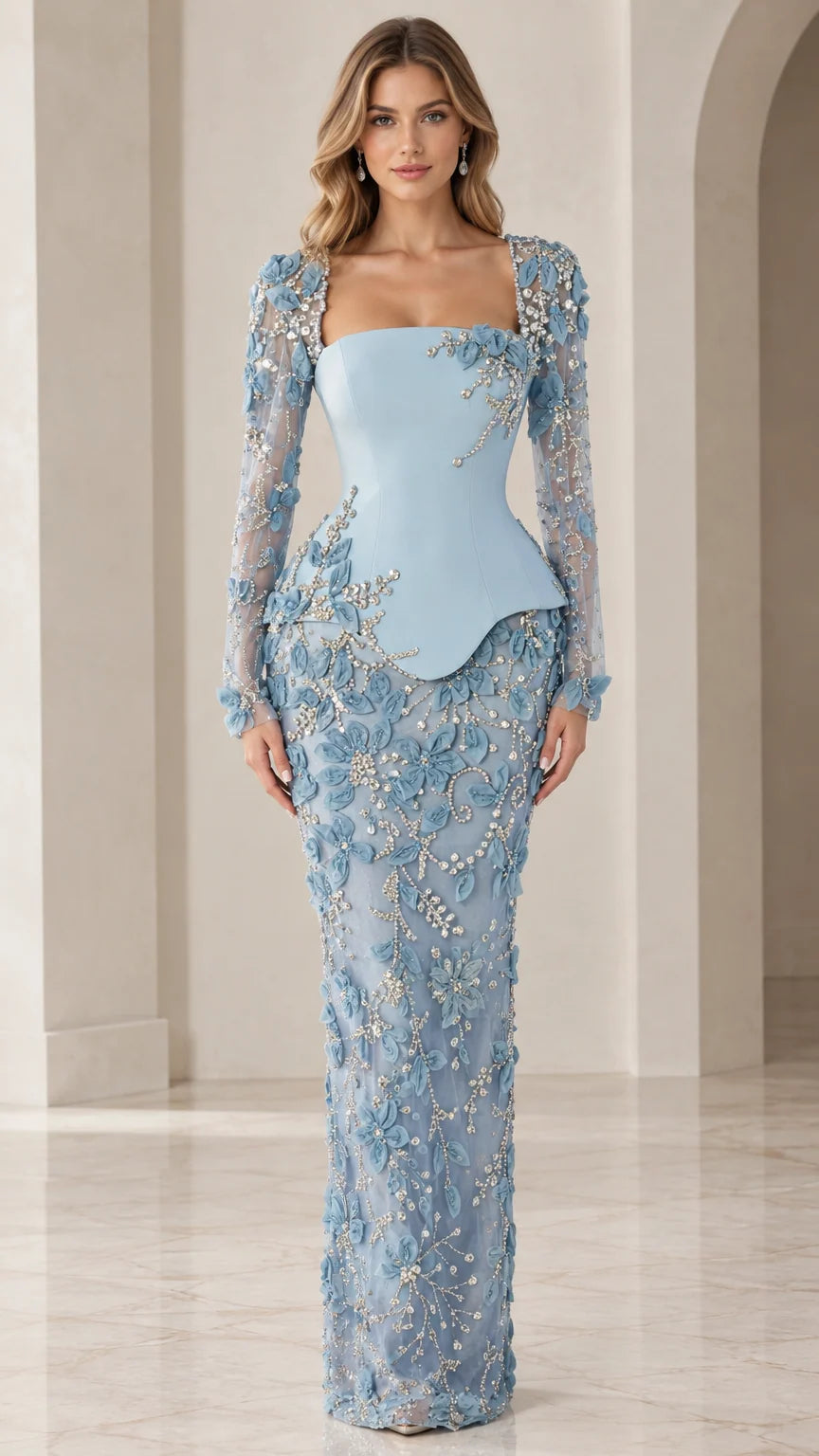 Sky Blue square neck long sleeve evening gown with sculpted peplum bodice and floral lace overlay - front view