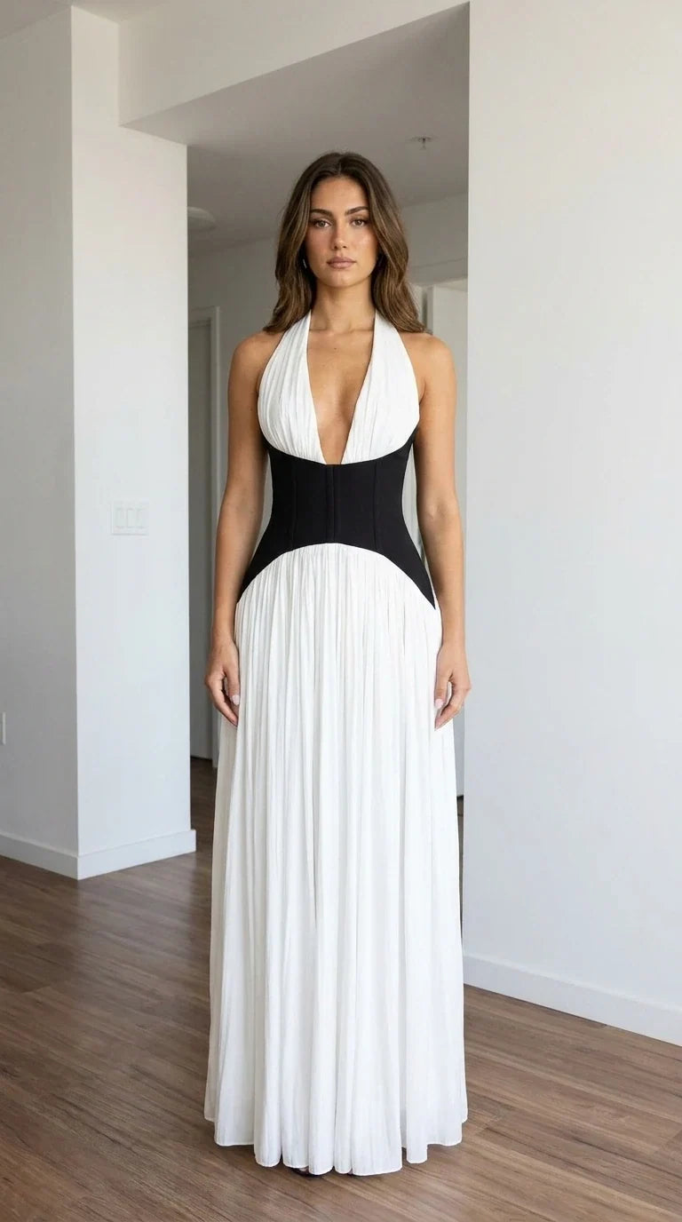 Front view of white halter pleated maxi dress