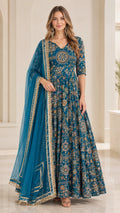 Front full view of woman wearing Teal Blue embroidered Anarkali maxi gown with matching dupatta