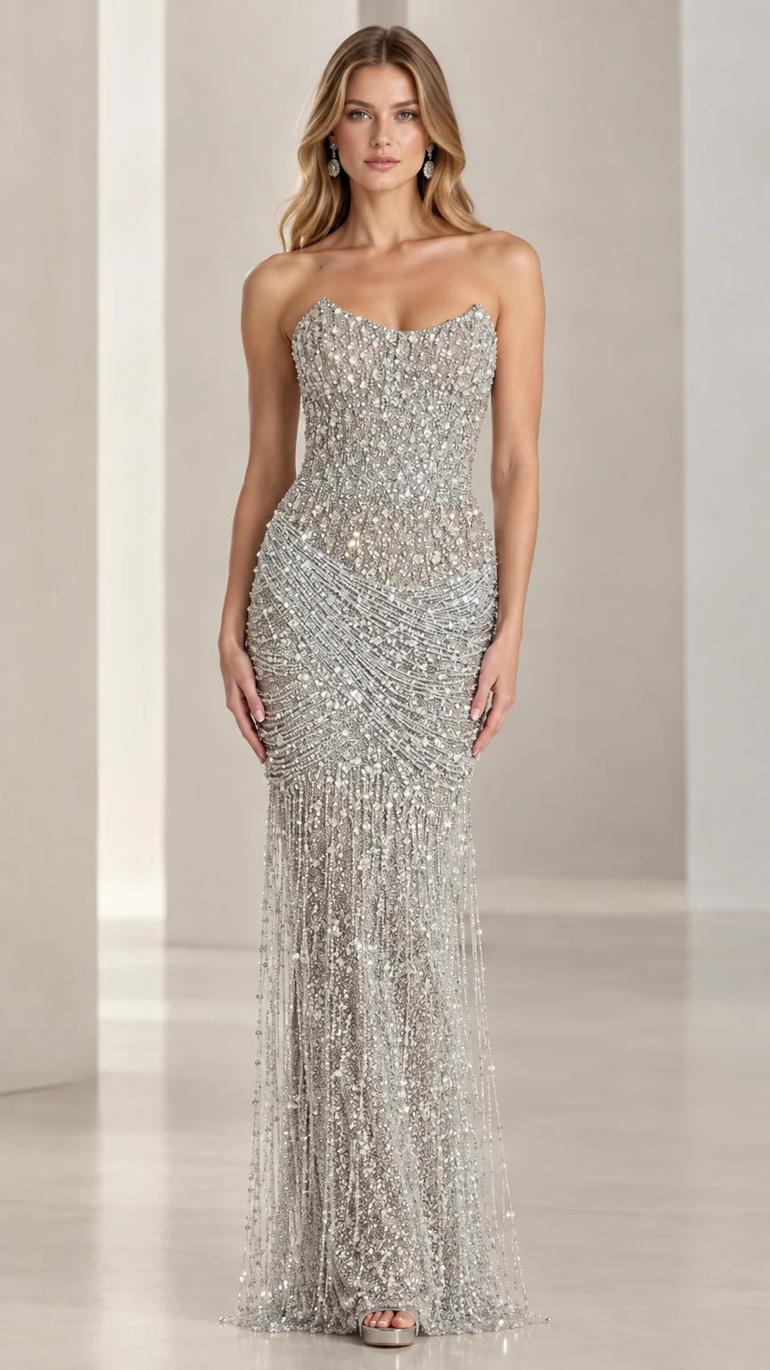 Strapless beaded sequin evening gown in silver front view