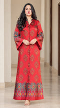 Front full-length view of woman wearing red ethnic print maxi kaftan dress with bell sleeves