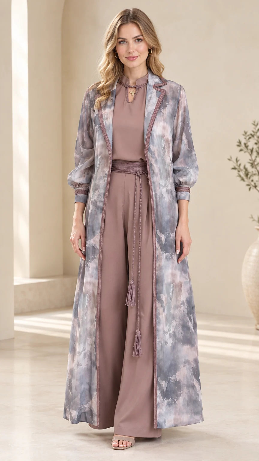 Front view of model wearing dusty mauve 3-piece watercolor duster and wide-leg pants set