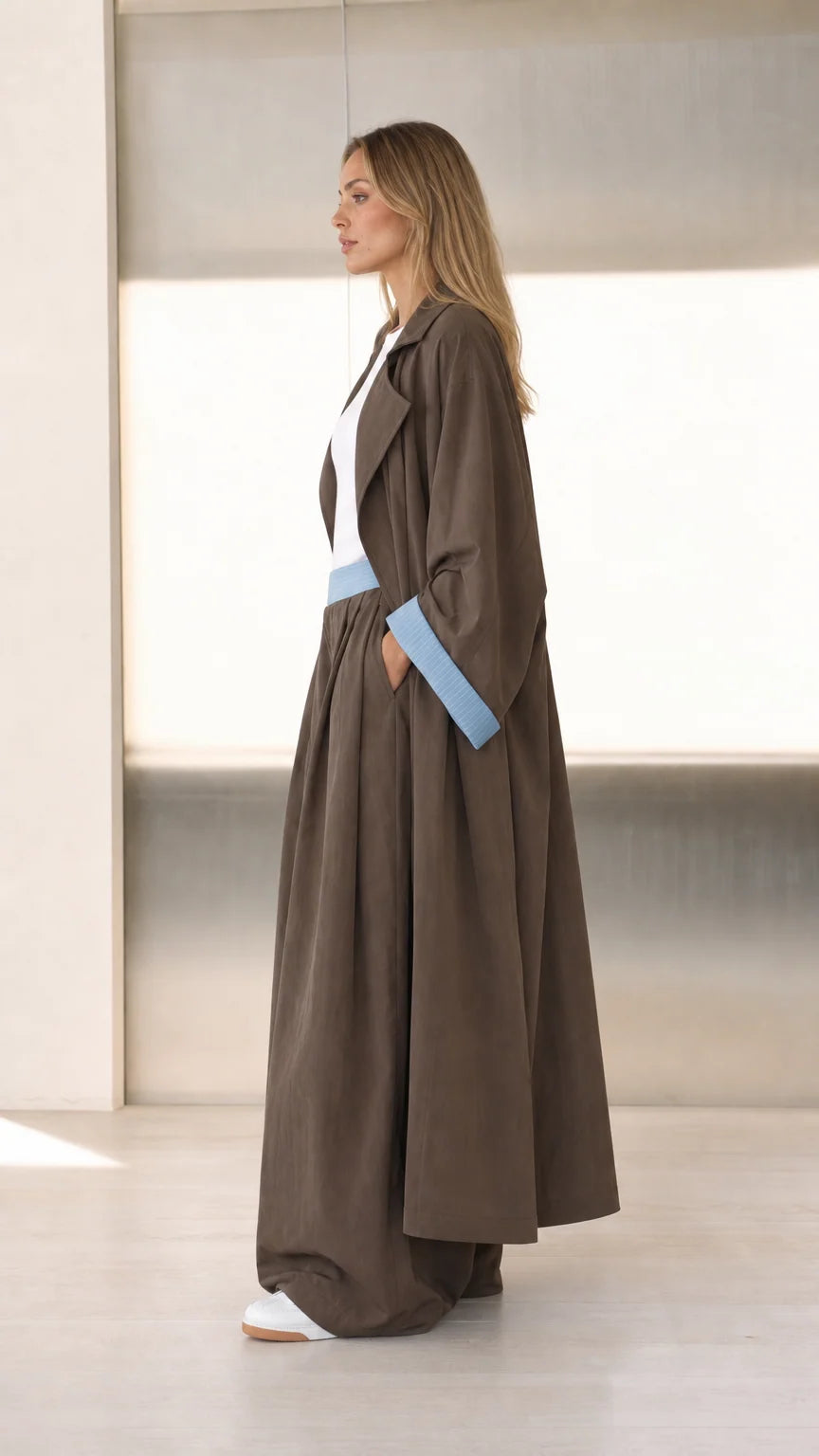 Side profile view of Mocha Brown longline duster and wide palazzo trousers