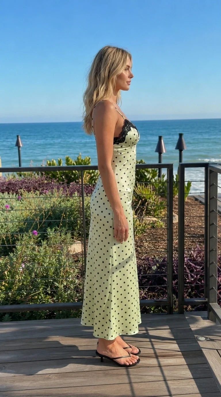 Model wearing mint green polka dot slip dress, side view