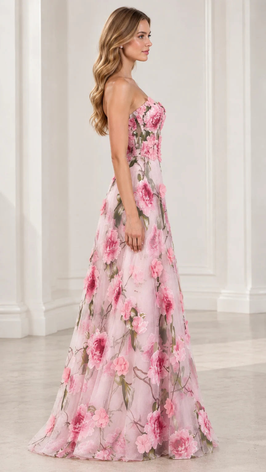 Side profile view of Blush Pink strapless floral A-line maxi dress
