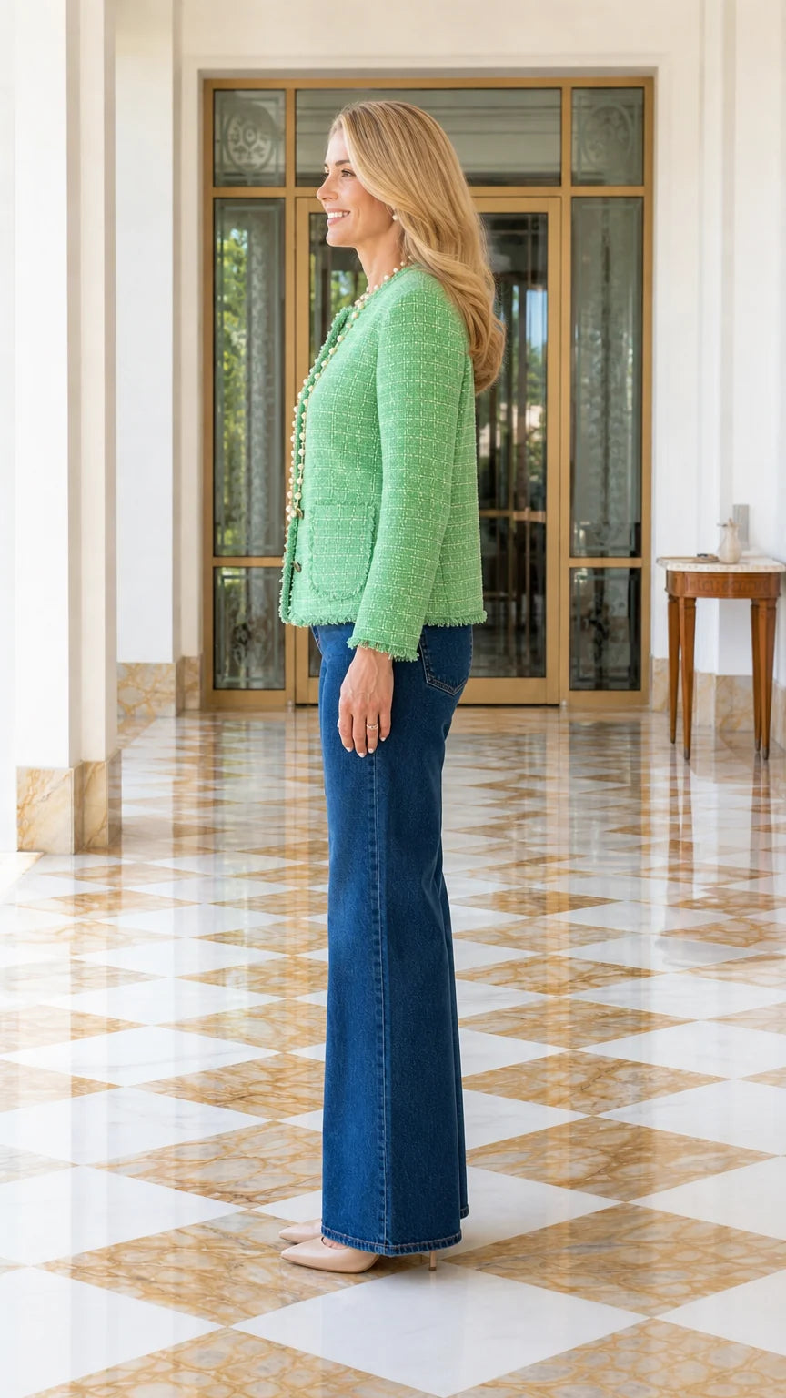 Side profile view of green tweed jacket outfit